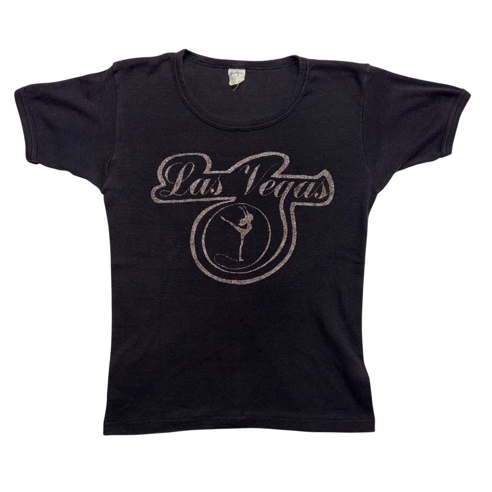 Vintage 70s Sportique Las Vegas Dancer Glitter Graphic T-Shirt Black Medium